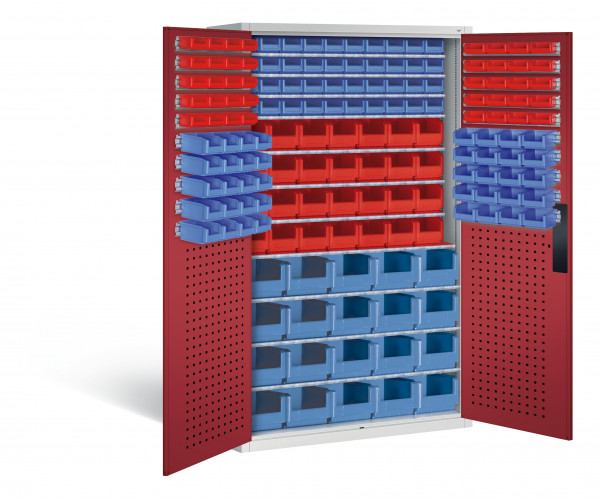 Großraumschrank mit 68 roten und 100 blauen Sichtlagerkästen, HxBxT 1950 x 1100 x 535 mm