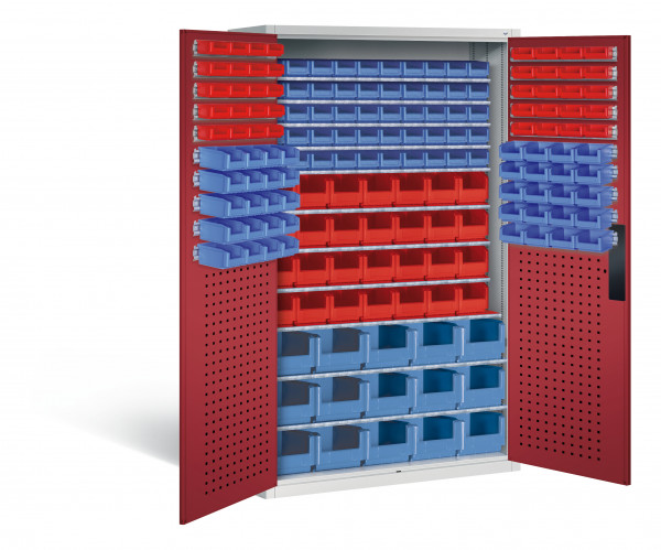 Großraumschrank mit 68 roten und 105 blauen Sichtlagerkästen, HxBxT 1950 x 1100 x 535 mm