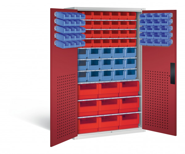 Großraumschrank mit 37 roten und 55 blauen Sichtlagerkästen, HxBxT 1950 x 1100 x 535 mm