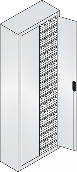 Großraumschrank mit 60 roten und 54 blauen Sichtlagerkästen, HxBxT 1980 x 700 x 300 mm