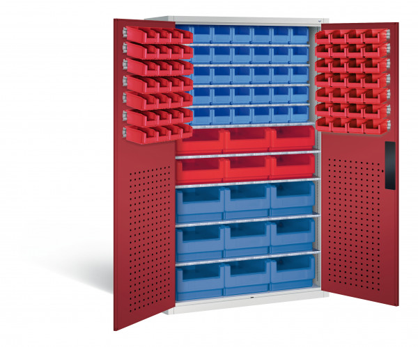 Großraumschrank mit 62 roten und 44 blauen Sichtlagerkästen, HxBxT 1950 x 1100 x 535 mm